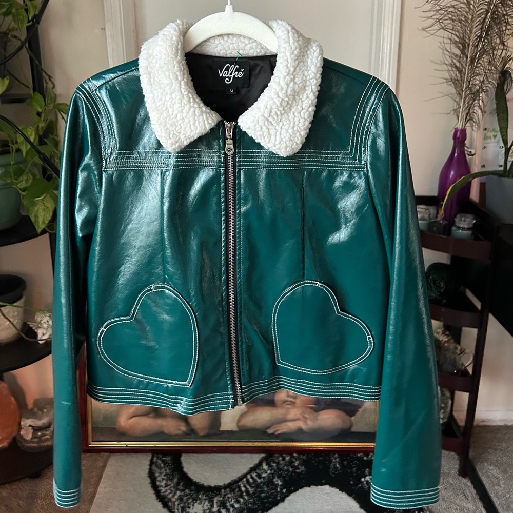 Teal VALFRE Faux Leather Jacket with White Collar